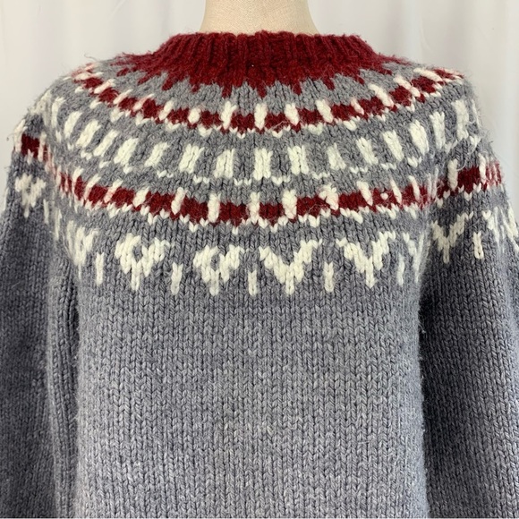 Hand Knit Grey and Red Fair Isle Women's Knit Sweater - Picture 2 of 5